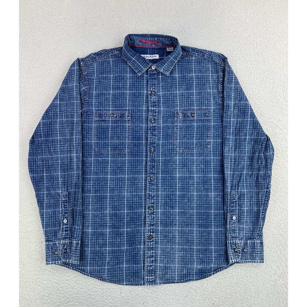 Tommy Bahama Shirt Men's XL Blue Plaid Long Sleeve Button Up Cotton Casual